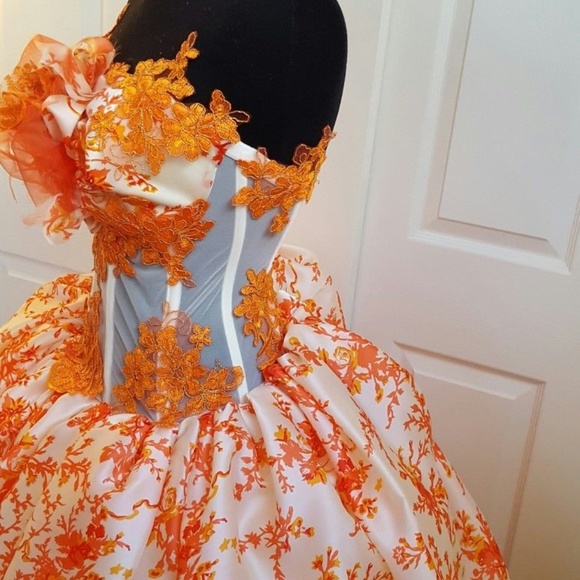 Ivory & Orange Silk Cherry Blossom Lace Ball Gown - Picture 3 of 8